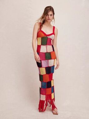 🆕 Carolina K ‘Vera’ Patchwork Crochet Maxi Dress with Fringe L